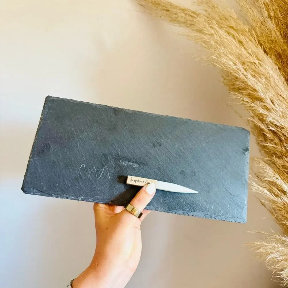 NEW CRATE & BARREL Black Slate Cheese Board White Soapstone Chalk Pencil 12x5